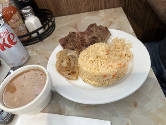 Aros Grilled Pork Chop Served with Rice & Beans & Plantain