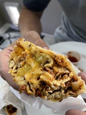 Inside of the chorizo and egg breakfast burrito