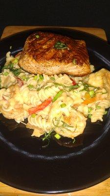 Pan seared salmon with shrimp alfredo.