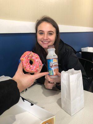 Sprinkle donut, and chocolate milk