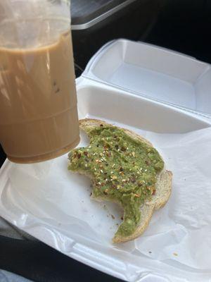 Iced vanilla latte with avocado toast