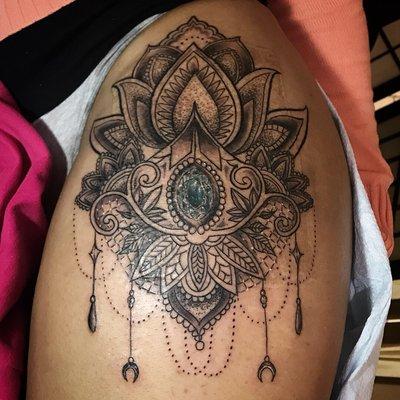 Custom mandala over skin graft scar done by Jayse