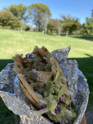 Cubed lamb gyro - not good. Should be crispy thin slices instead.