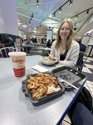 Extra Chicken Teriyaki with white rice no vegetables with a medium orange Fanta