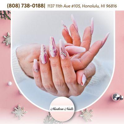 Embrace the serene beauty of snow-kissed charm with delicate pink hues on your nails. 
Let the softness of pink