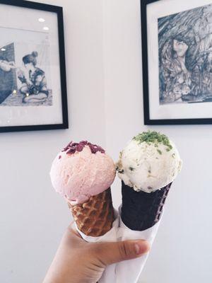 Sakura Latte w/ Rose Crystals & Matcha Tiramisu w/ Mint Crystals + an Ube Cone