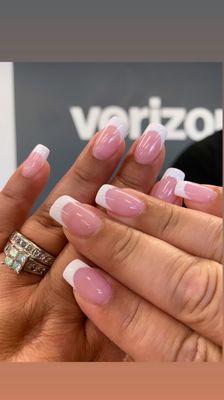 Check these beauties out Medium length French white tip clear pink with nail tech Erica she is amazing!