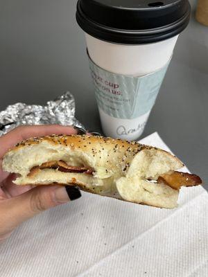 Caramel latte, bacon&cheese bagel