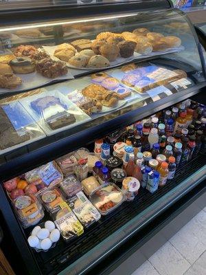 Baked goods and refrigerated section.