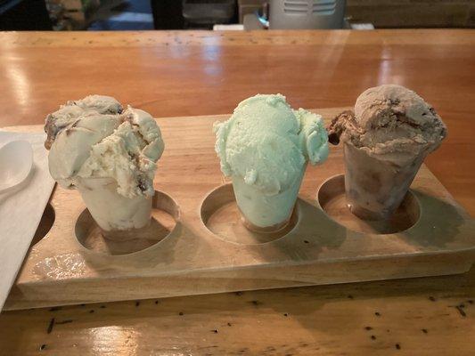 Peanut butter whiskey ice cream, pistachio vodka, double chocolate whiskey and Guinness ice cream