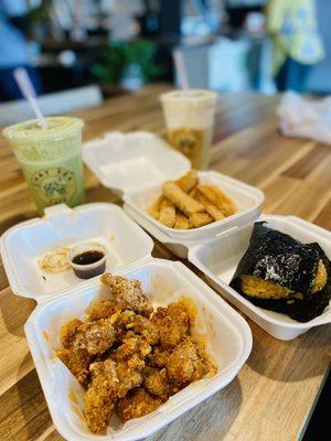 Matcha Milk Tea Mango Milk Tea Popcorn Chicken Spicy Salmon Rice Ball Tofu Fries