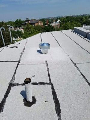 Removed old existing roof , replaced bad wood , cut new vent and installed new modified bitumen roof system