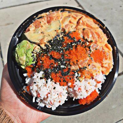 Salmon, crab, cucumbers, avocado, masago and furikake