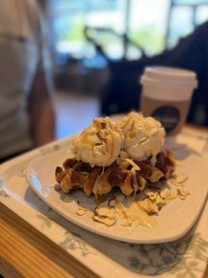 Croffle: crossaint waffle with ice cream and almonds. Amazing treat!