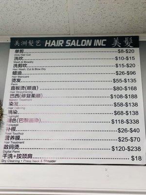 Pricing Chart for each provided service at the Salon.