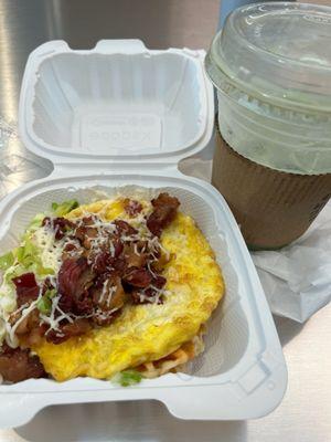 Pan de bono waffle and iced matcha