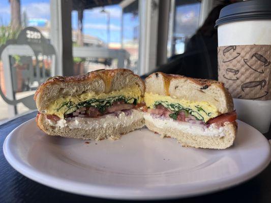 Build your own bagel sandwich: jalapeño cheddar bagel, egg, cream cheese, tomato, onion, spinach