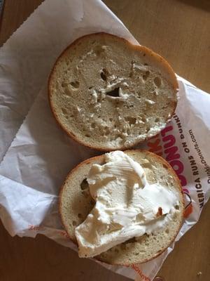 I asked for toasted and this is barely toasted, the cream cheese wasn't spread on the bagel, it was globed.