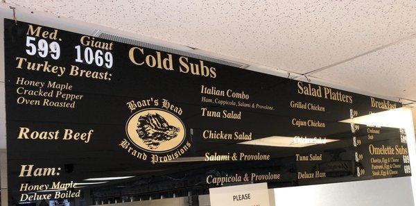 Cold Subs Menu