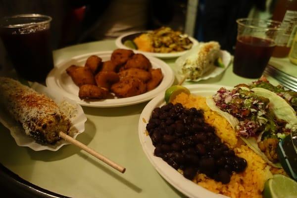 Maduros, grilled corn, fish tacos, steak, hibiscus tea