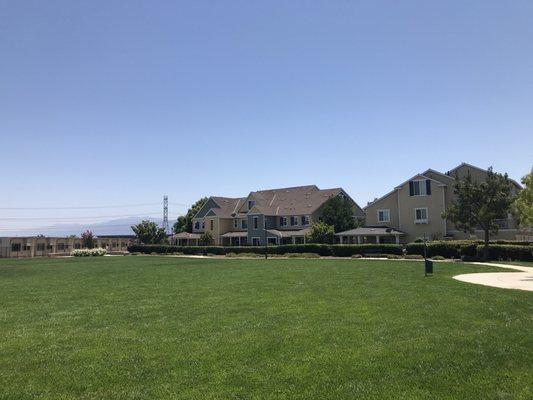 Large green field where playground is (June 2020).