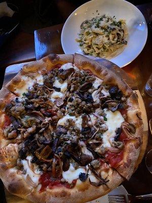 Sausage, Mushroom and Onion Pizza and the special pasta that night which was mushroom prosciutto and sweet pea pappardelle