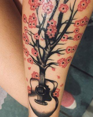 Tattoo guitar cherry blossoms