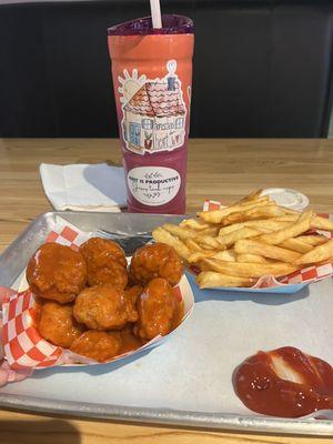 Boneless wings and fries. All made fresh to order. Yummy!