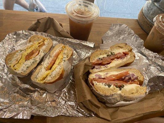 Bagel with Flavored Veggie Cream Cheese, Tomato, and Egg (left) and Lox Deluxe Sandwich (right)