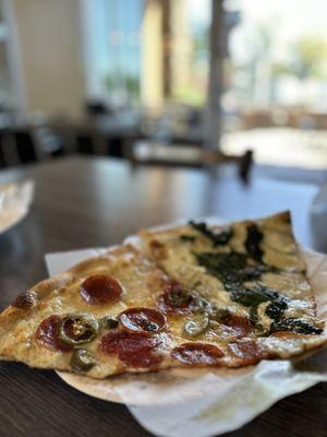 - Left: Jalapeño pepperoni - Right: White spinach & garlic slice