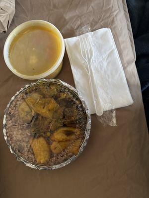 Small chicken soup and rice/peas with curry chicken