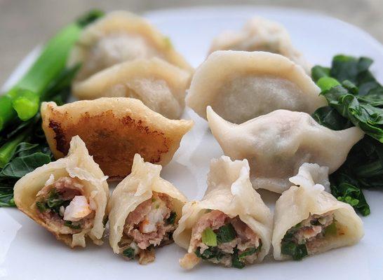 Frozen pre-made dumplings. We pan fried half and boiled the other half of them to see if any difference.