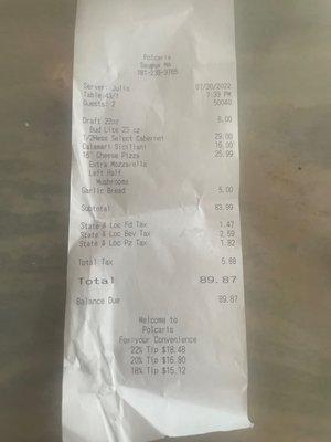 Ridiculously expensive Polcari's restaurant dine in receipt.