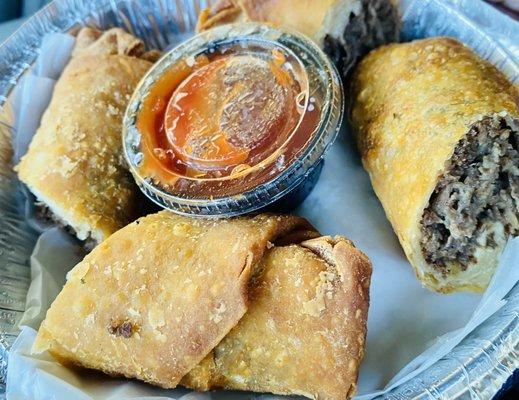 Cheesesteak Egg Rolls w/ Spicy Ketchup