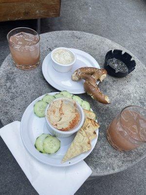 Belmont Jewels, hummus plate, pretzel