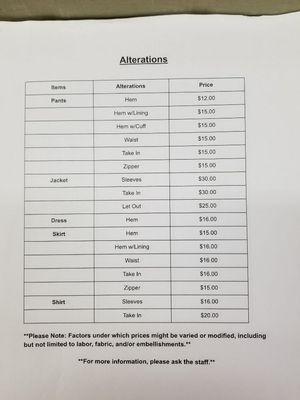 Alterations price list!