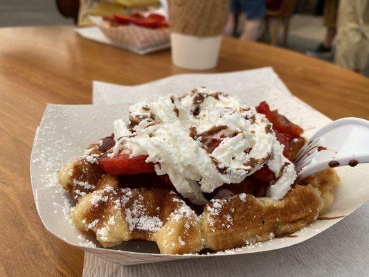 Strawberry Waffles with Whipped Cream, Nutella drizzle and Powdered Sugar * Everybody Sunday