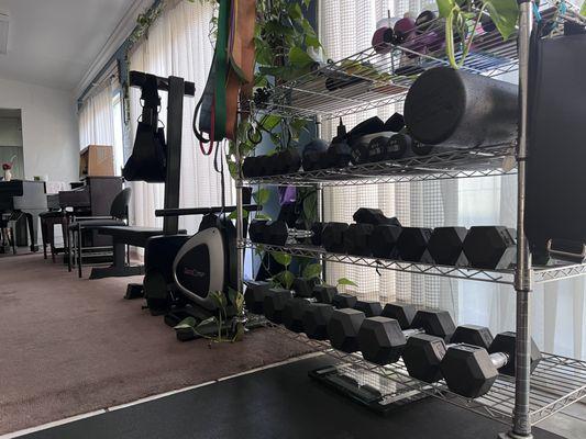 dumbbells, resistance bands, row machine and bench