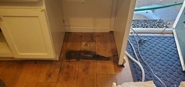 The dishwasher leaked onto the hardwood floor.