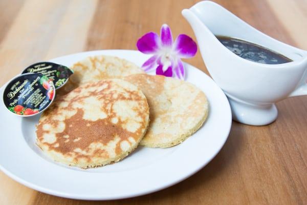 Breakfast Pancakes available in buttermilk, blueberry, vegan, or gluten free