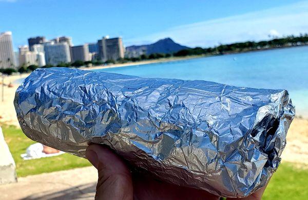 Lucky I Live HAWAII!!! My Chicken Burrito, with the iconic Diamond Head in the background.