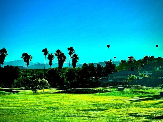 14 Fairway looking back on 13 green (edited to show Hot Air ballon and palm tree silhouettes)...