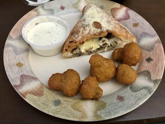 Mushroom, Steak, and Cheese Calzone. Breaded mushrooms. All great!