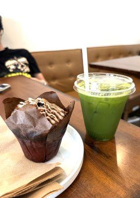 Blueberry muffin and iced matcha