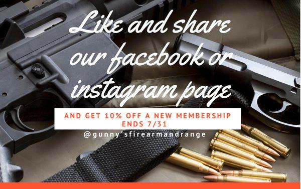 10% off Membership if you like and share Facebook or Instagram thru July