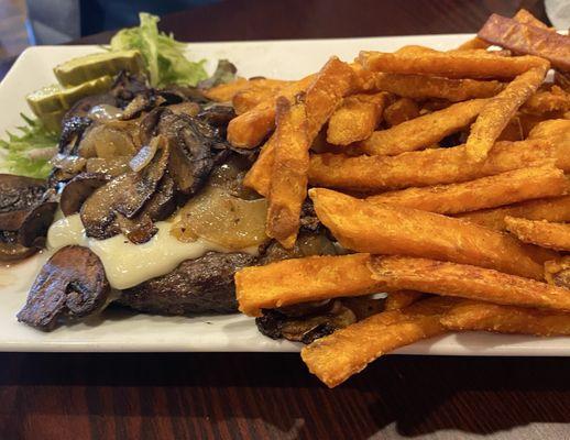 Swiss mushroom onion burger with sweet potato fries