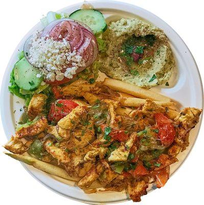 CHICKEN SHAWERMA PLATTER - Marinated Grilled Chicken Strips with Tomatoes, Onions, Bell Peppers, Parsley & Garlic Sauce