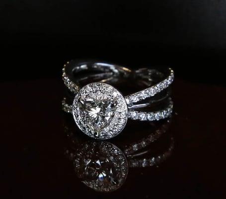 One of a kind, Tesoro Diamonds creation! Featuring a GIA Certified Heart Shaped Diamond, Micro Pave Halo, and Tri-Band Style.