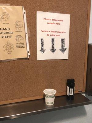 Extremely unsanitary and not professional, open pee cups with no lids.