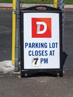 Parking lot closes at 7 PM